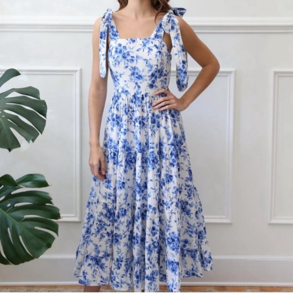 Tuckernuck Blue and White Floral Tie-Shoulder Midi Dress
